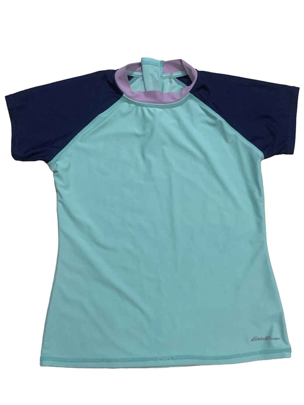 Eddie Bauer Teal Blue Color Block Back Zipper Short Sleeve Rashguard Shirt